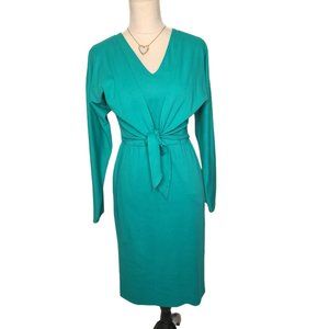 Le Crillon. Teal Green vintage long sleeve front wrap midi dress. size 6